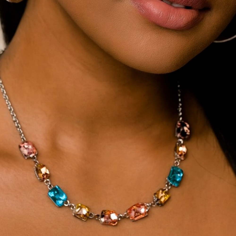 Multicolor Necklace Pink Crystal Hoop Earrings Set Bold Statement Jewelry